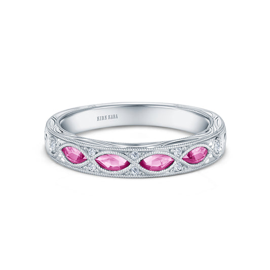 Pink Sapphire Diamond Engraved Wedding Band