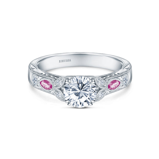 Pink Sapphire Diamond Engraved Engagement Ring