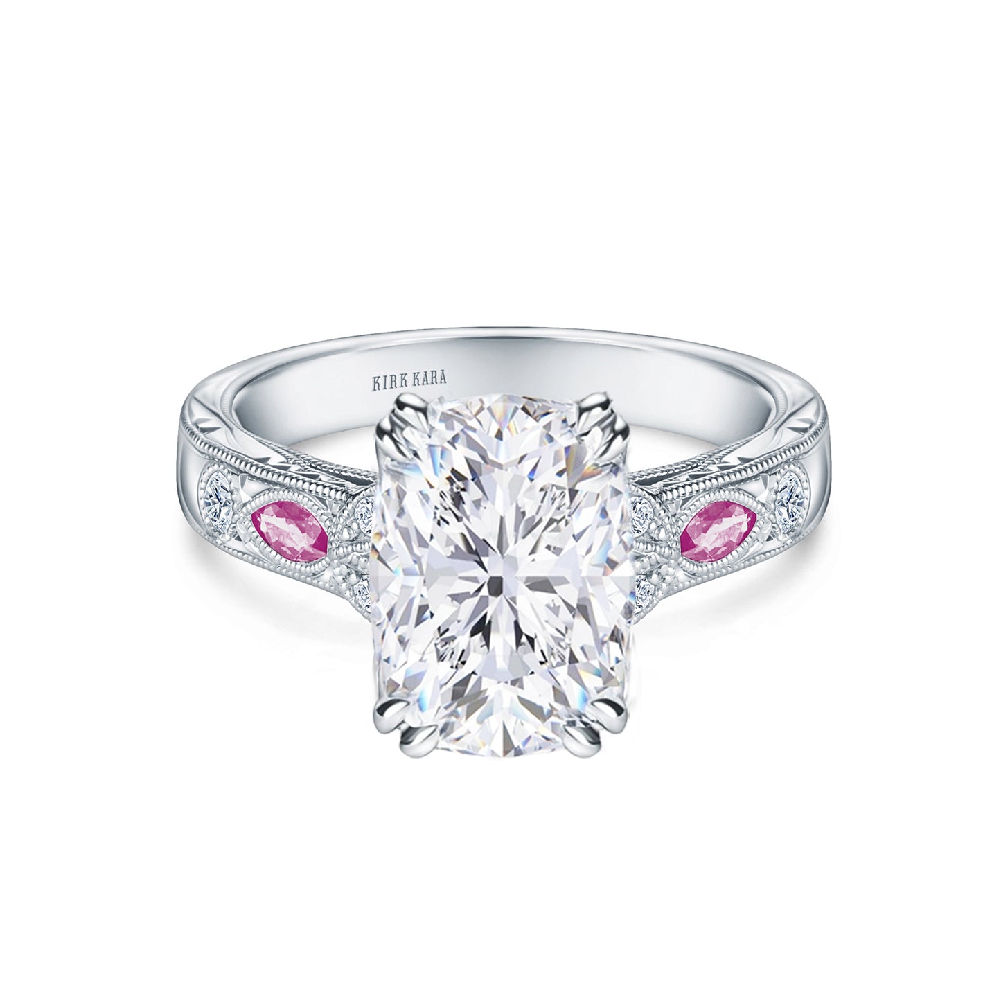 Pink Sapphire Diamond Engraved Engagement Ring