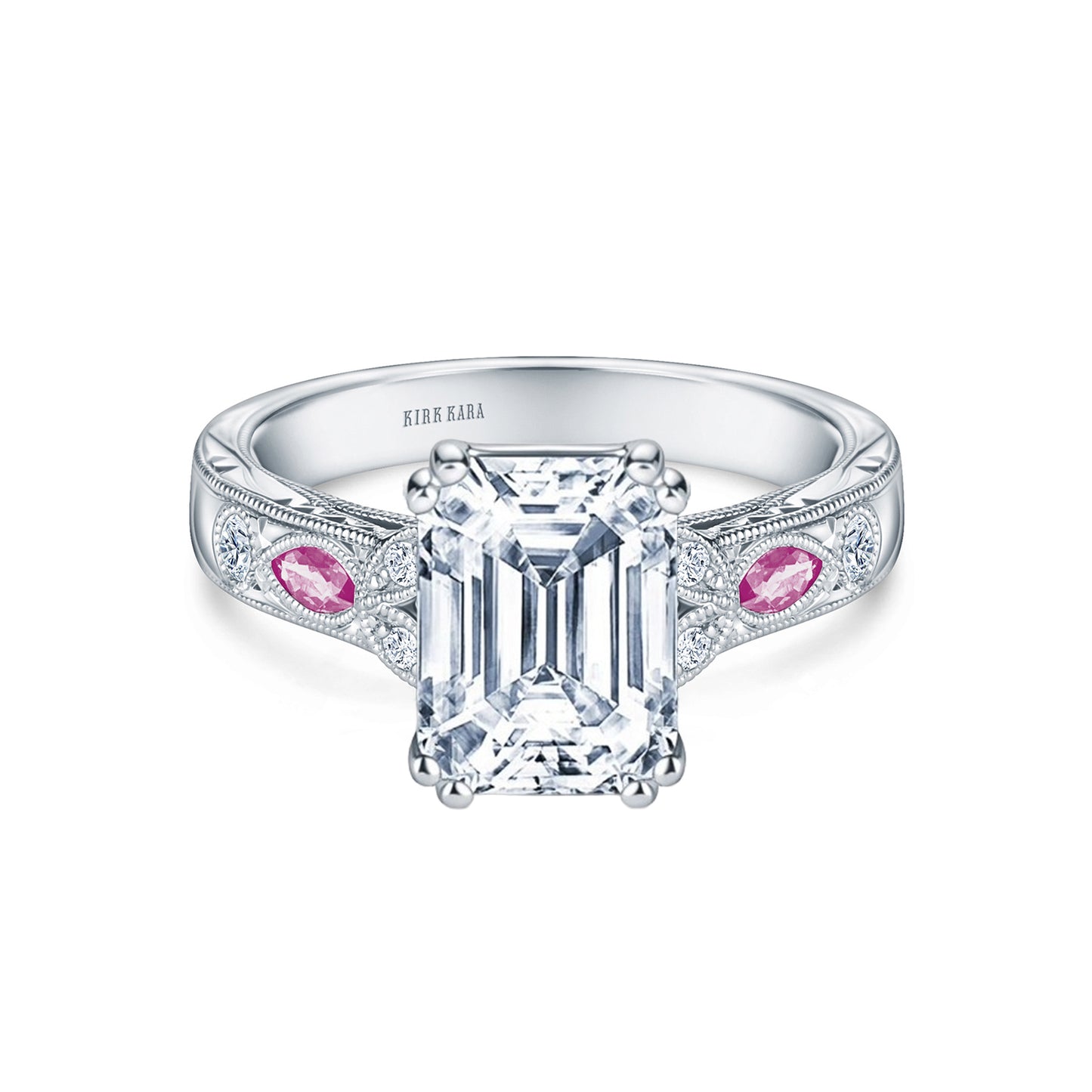Pink Sapphire Diamond Engraved Engagement Ring