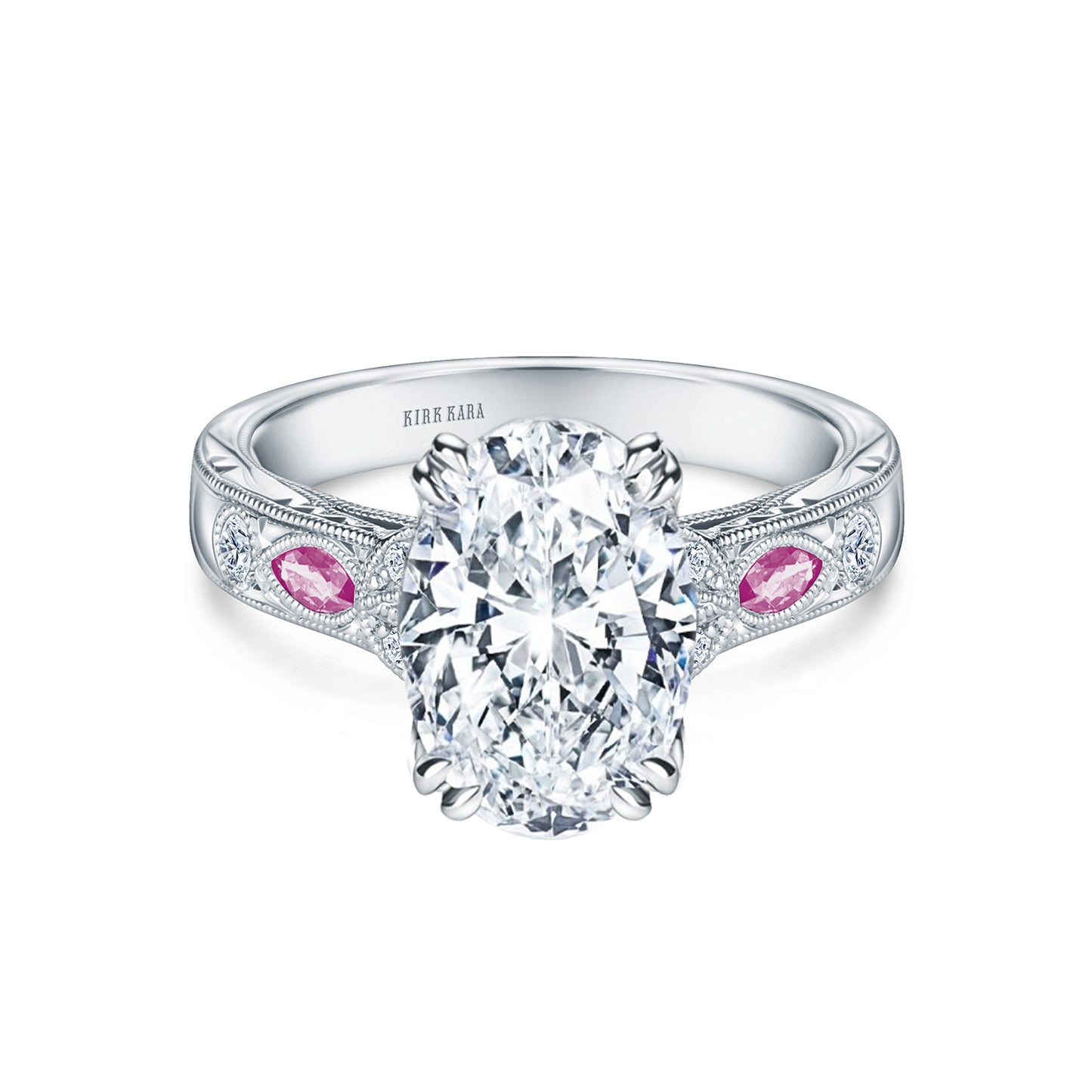 Pink Sapphire Diamond Engraved Engagement Ring