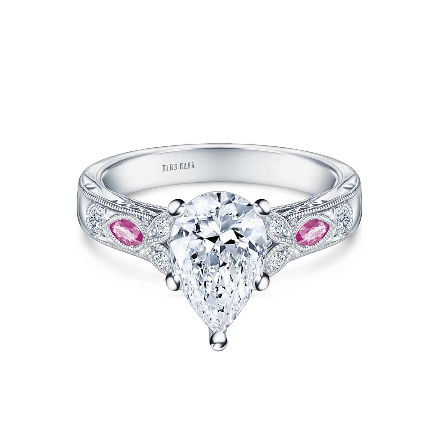 Pink Sapphire Diamond Engraved Engagement Ring