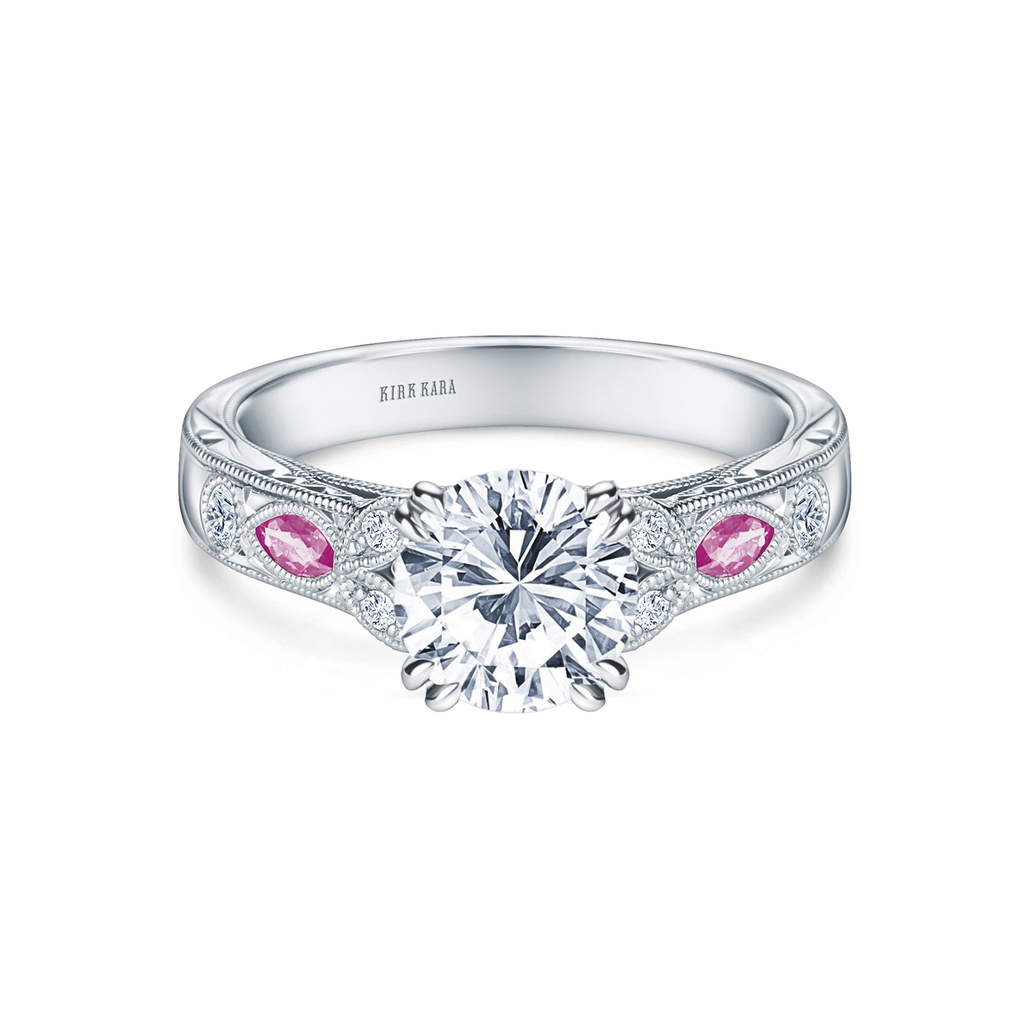 Pink Sapphire Diamond Engraved Engagement Ring