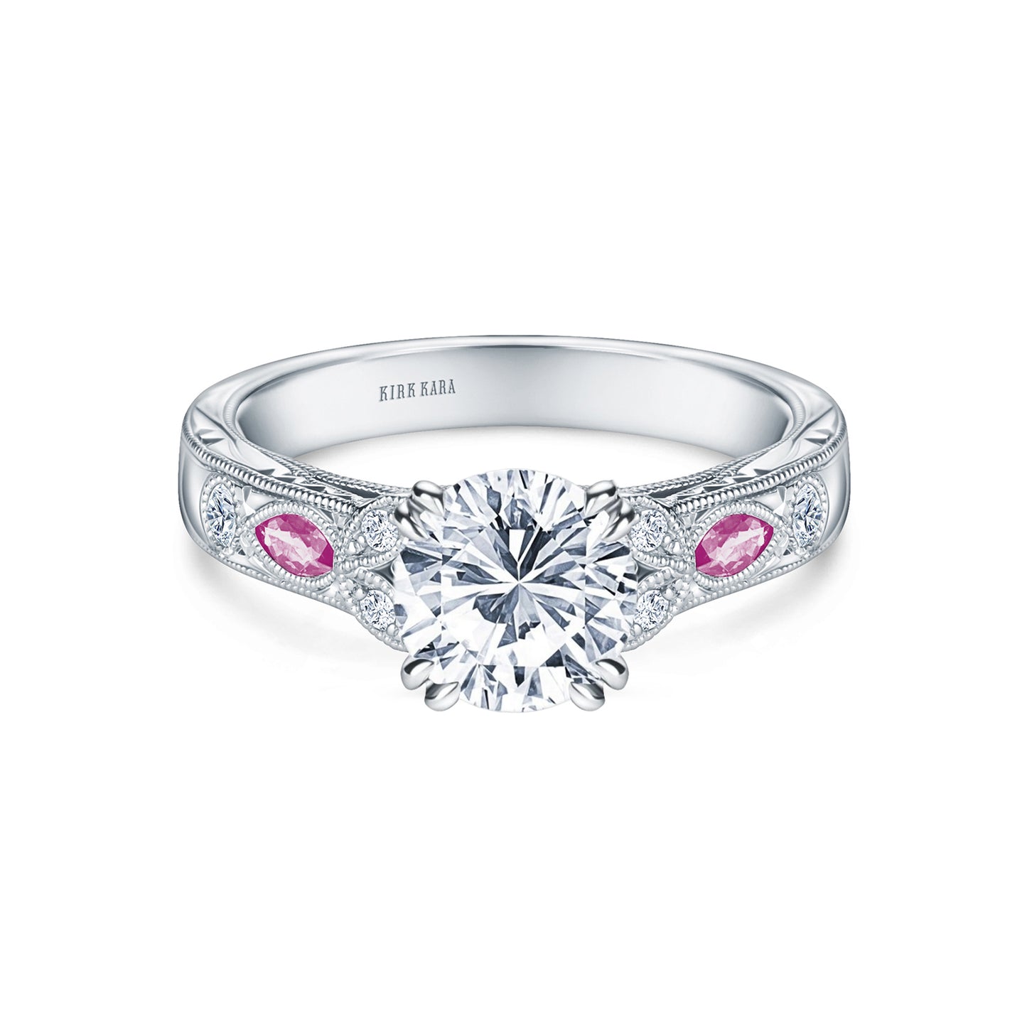 Pink Sapphire Diamond Engraved Engagement Ring