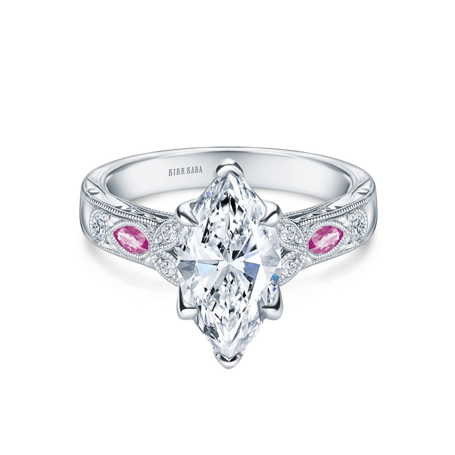 Pink Sapphire Diamond Engraved Engagement Ring