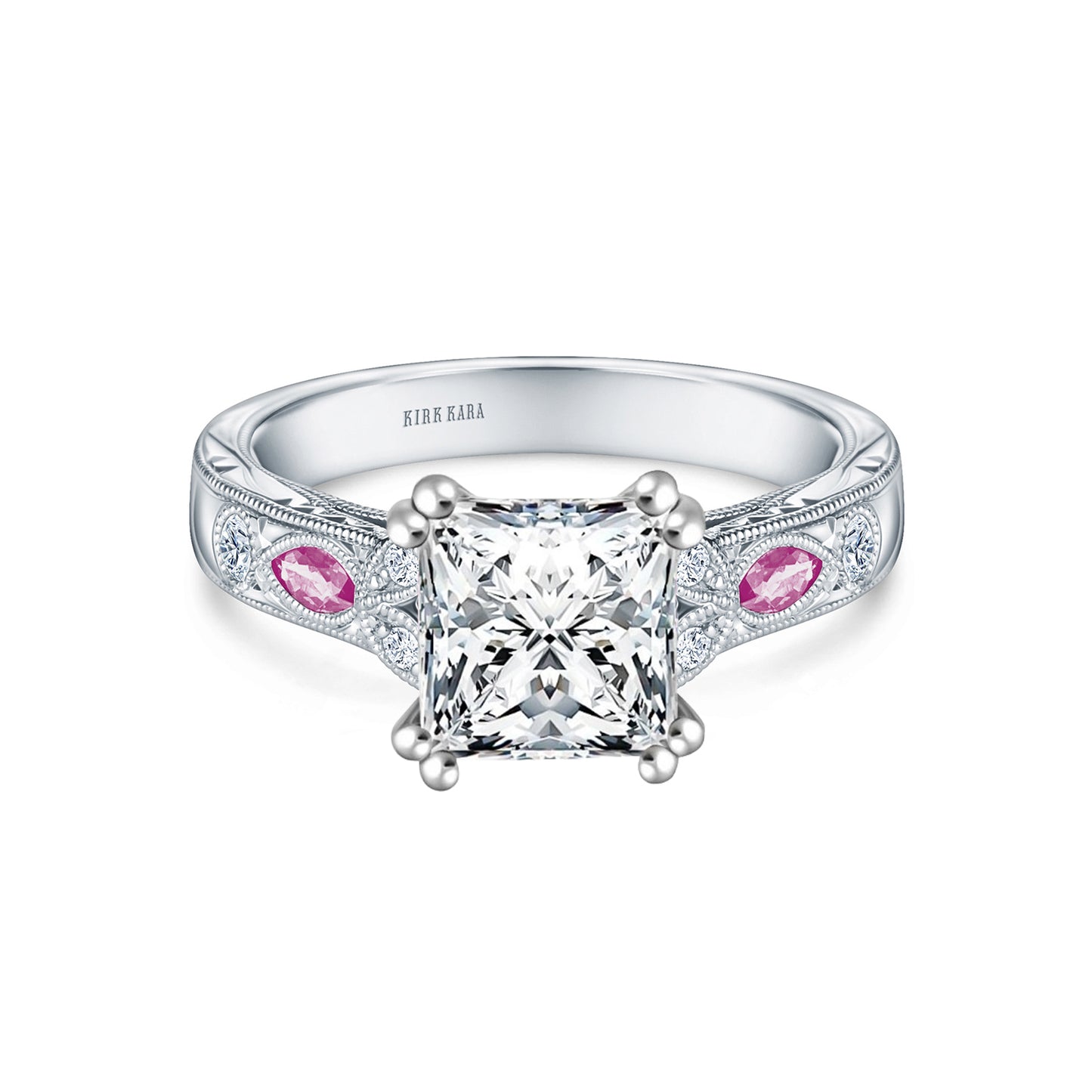 Pink Sapphire Diamond Engraved Engagement Ring