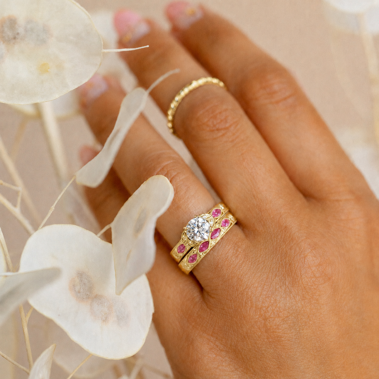 Pink Sapphire Diamond Engraved Engagement Ring