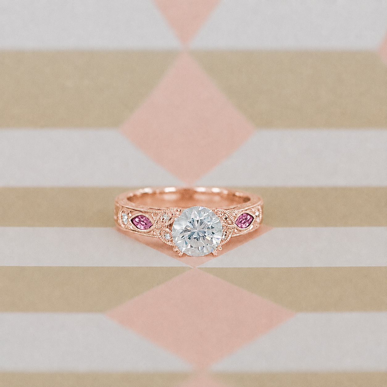 Pink Sapphire Diamond Engraved Engagement Ring