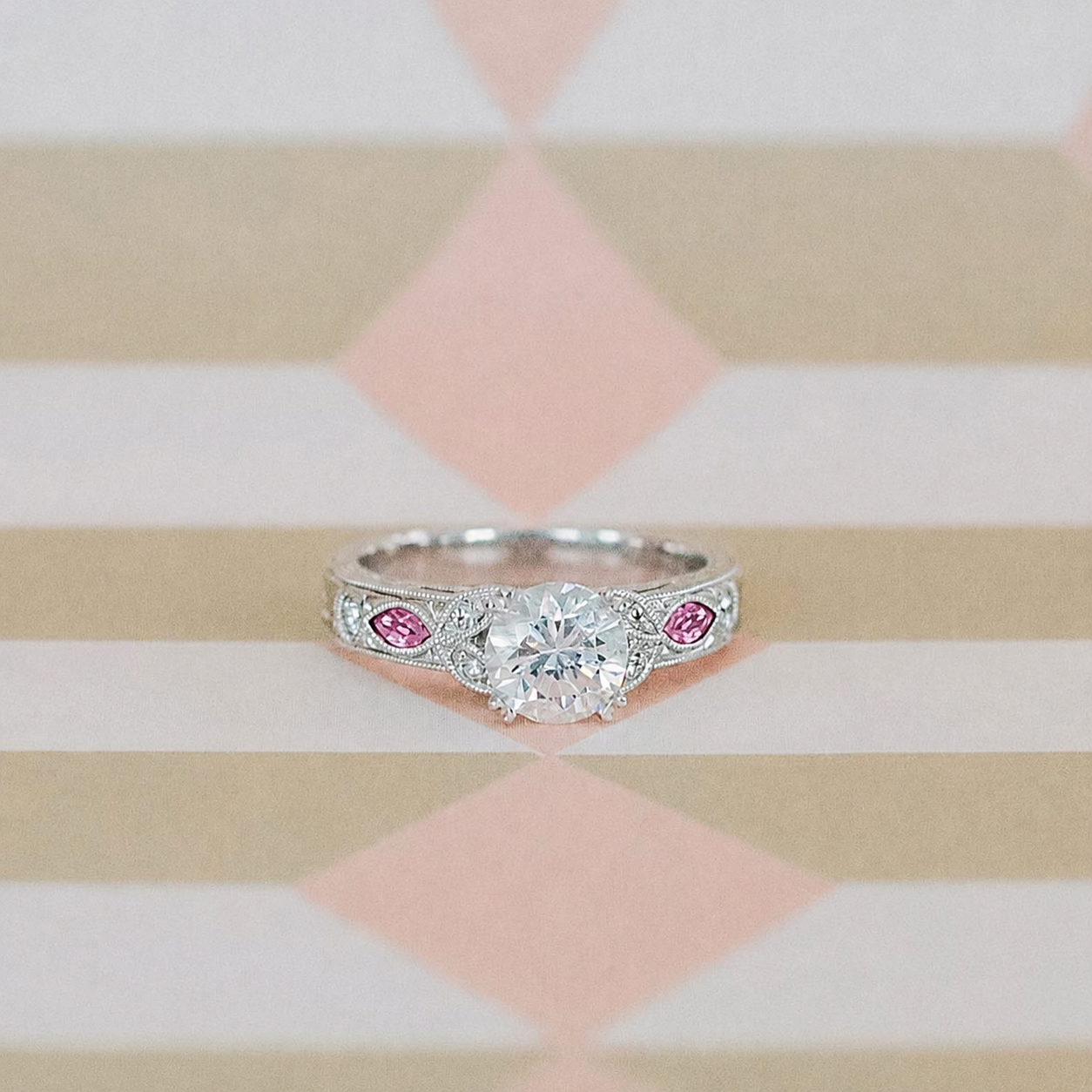 Pink Sapphire Diamond Engraved Engagement Ring