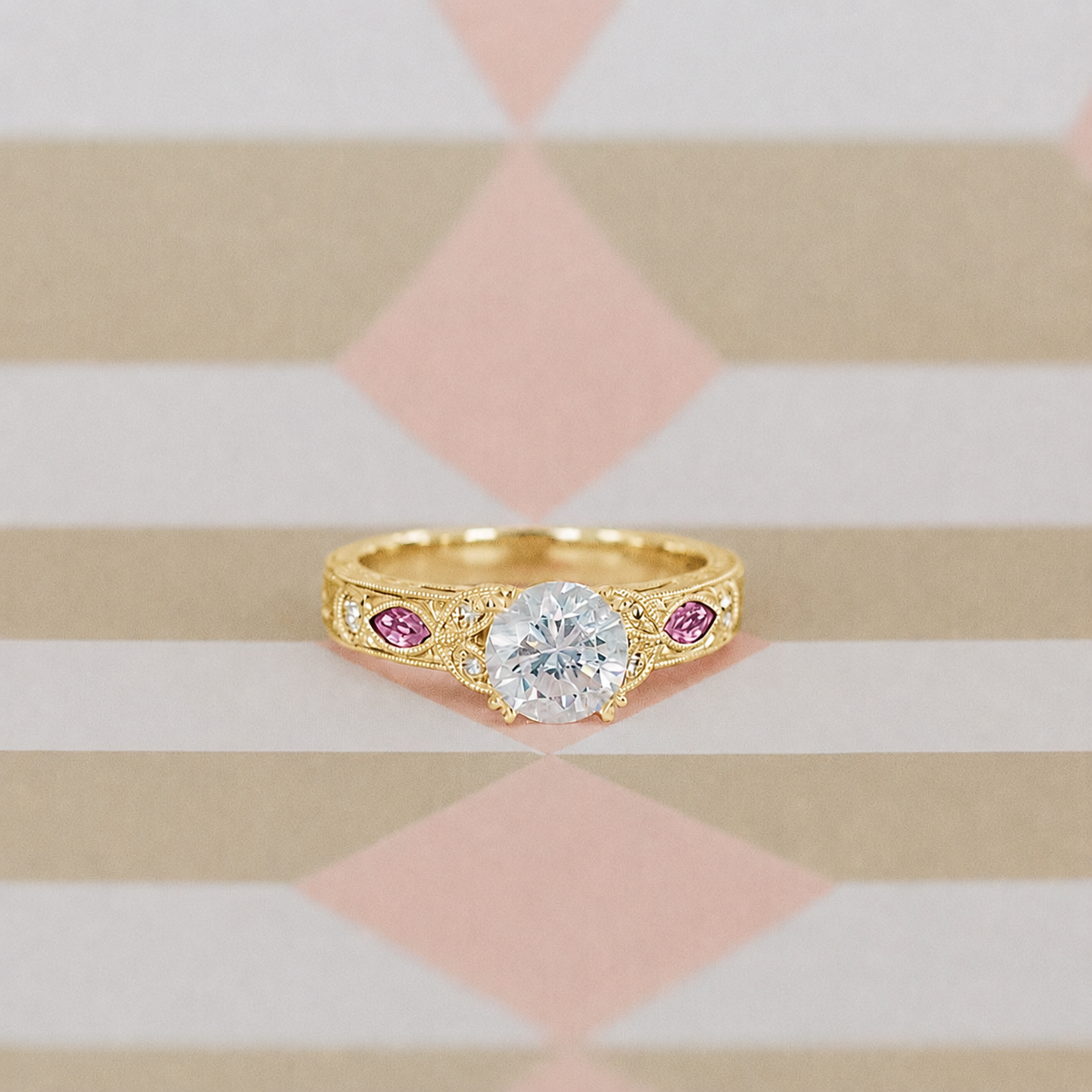 Pink Sapphire Diamond Engraved Engagement Ring