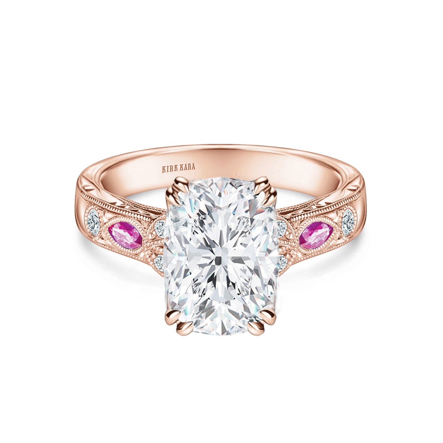 Pink Sapphire Diamond Engraved Engagement Ring
