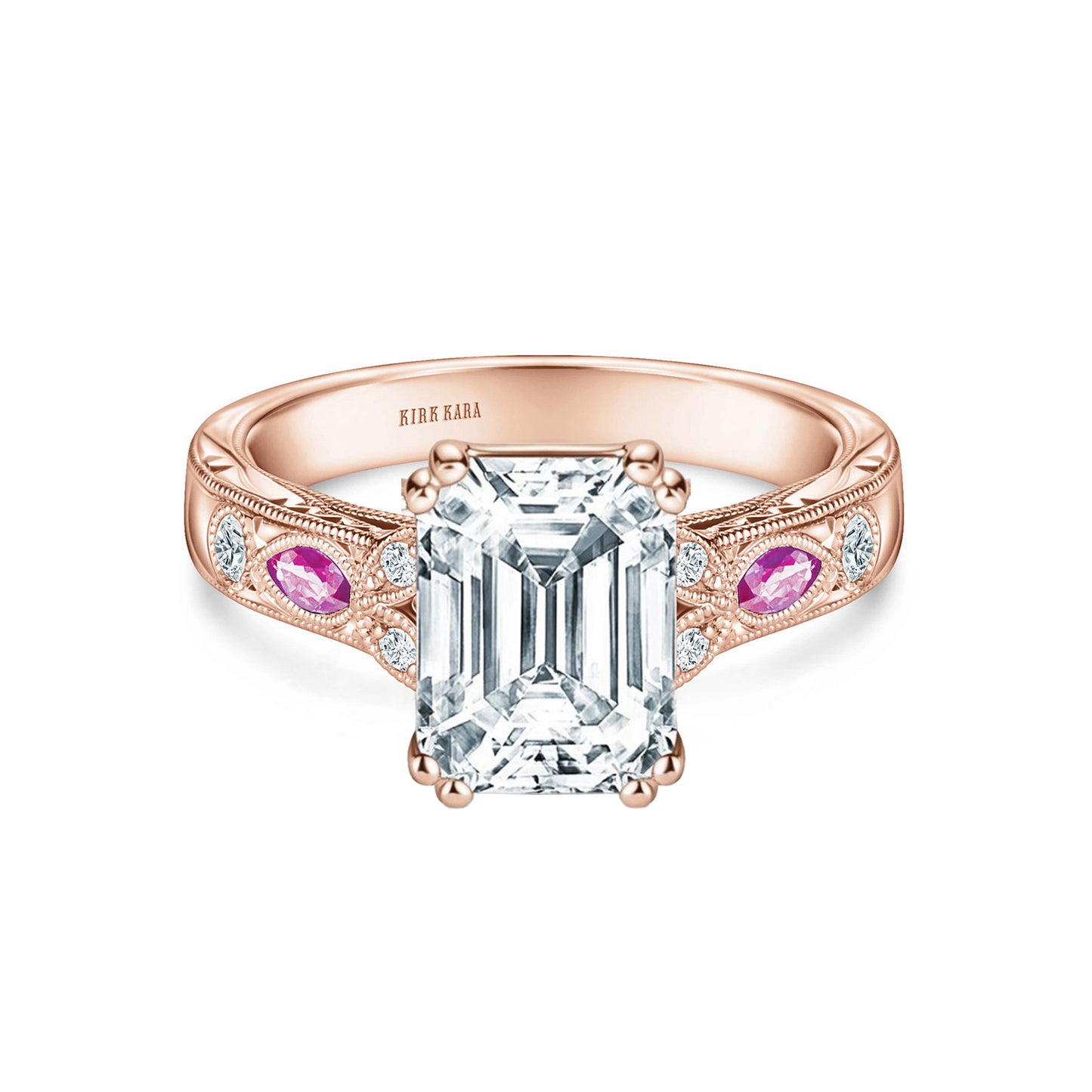 Pink Sapphire Diamond Engraved Engagement Ring