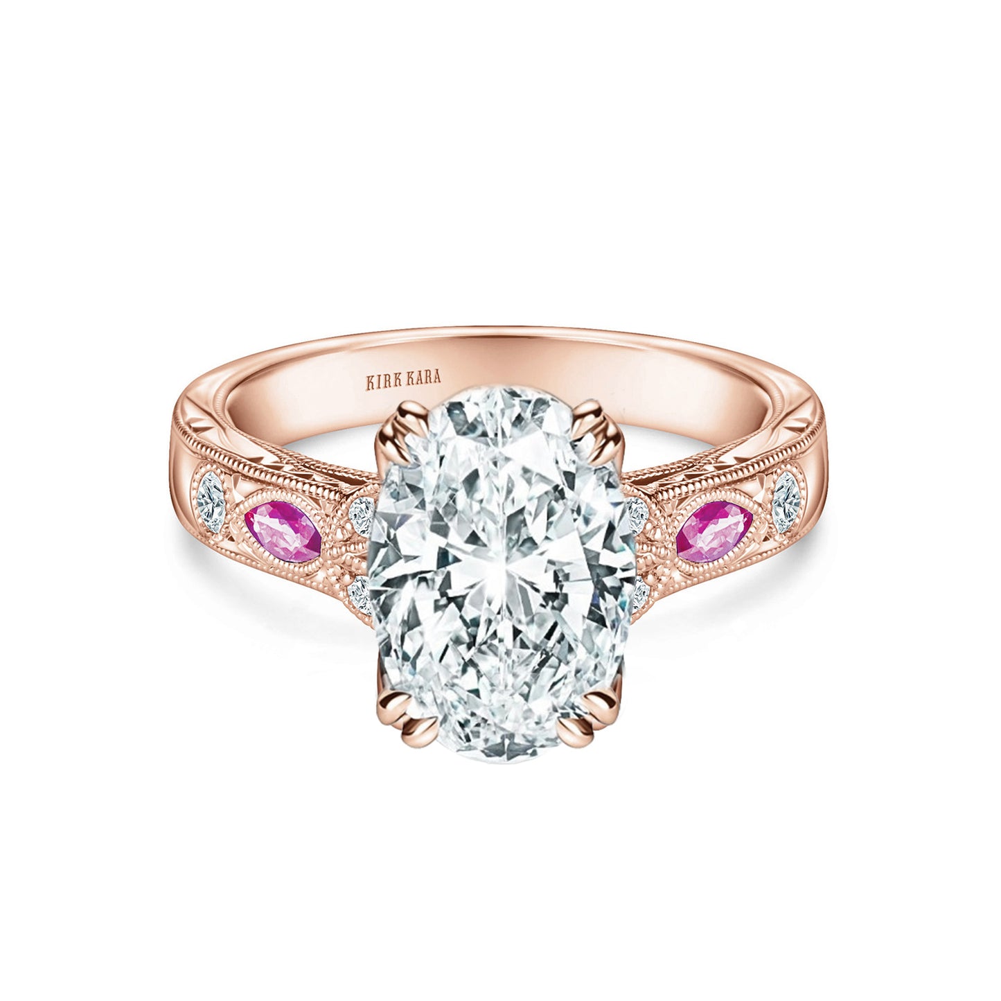 Pink Sapphire Diamond Engraved Engagement Ring