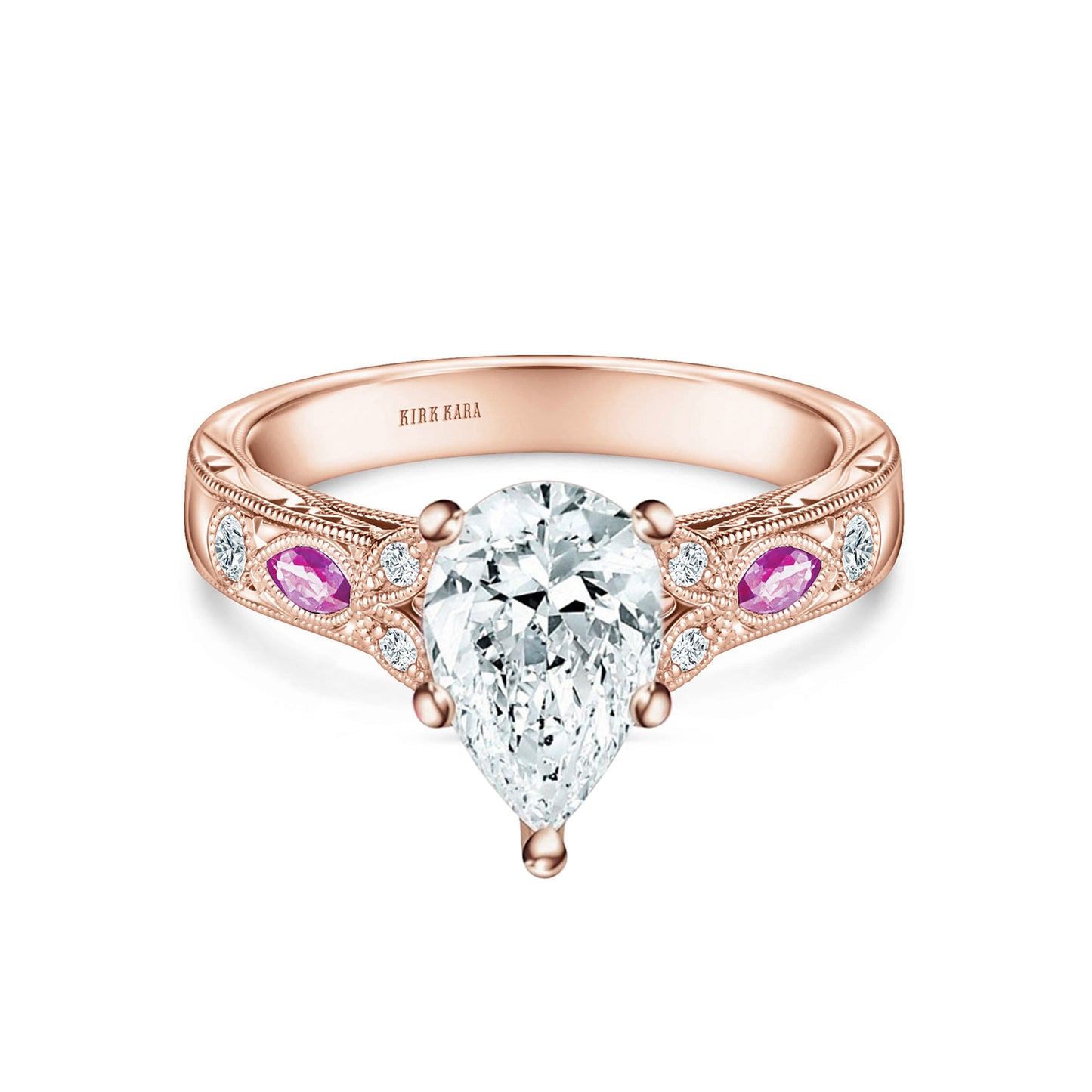 Pink Sapphire Diamond Engraved Engagement Ring
