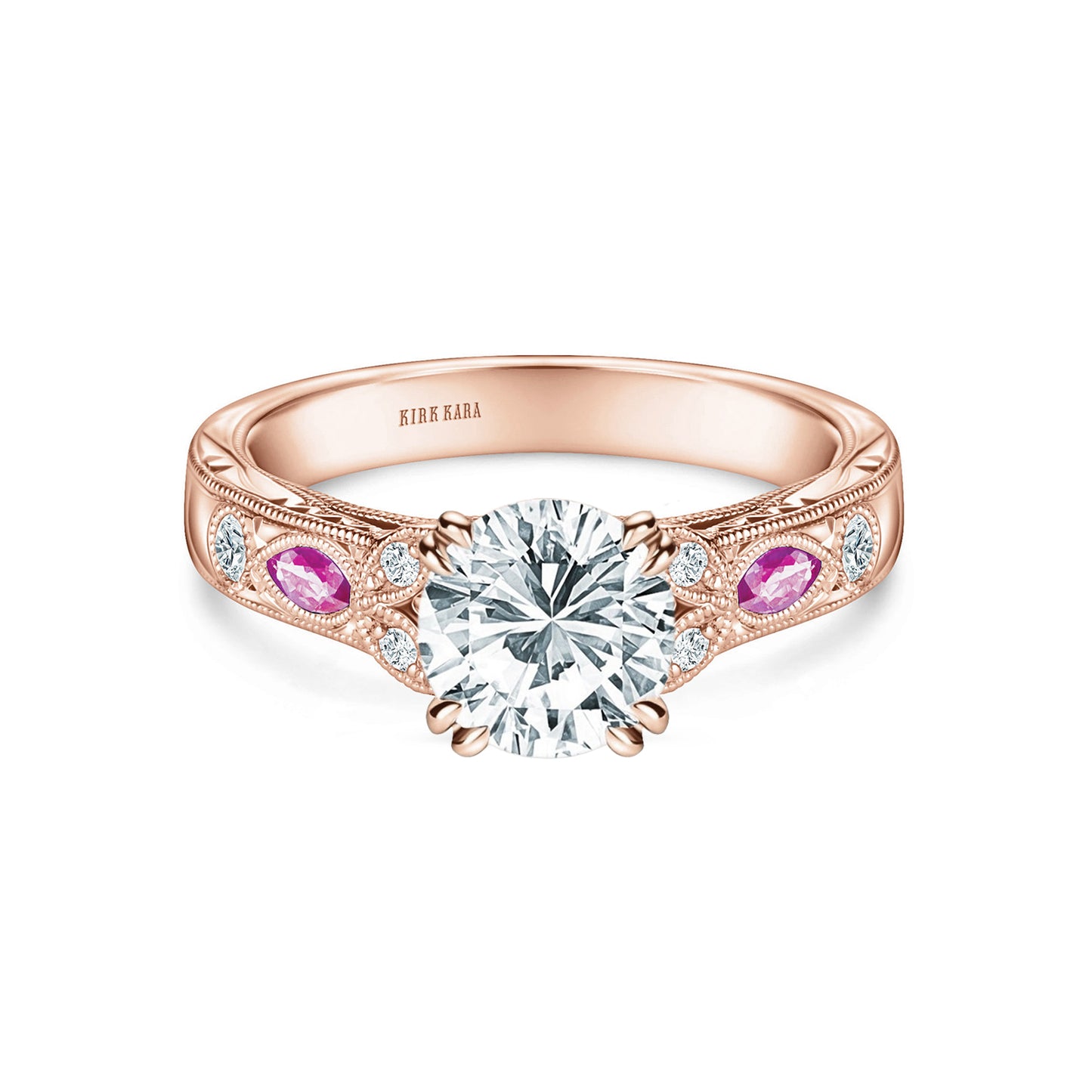 Pink Sapphire Diamond Engraved Engagement Ring