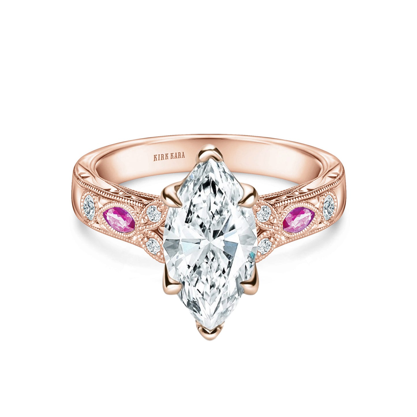 Pink Sapphire Diamond Engraved Engagement Ring