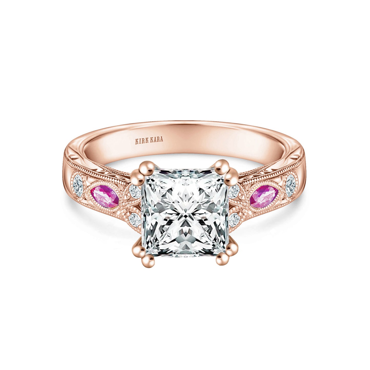 Pink Sapphire Diamond Engraved Engagement Ring