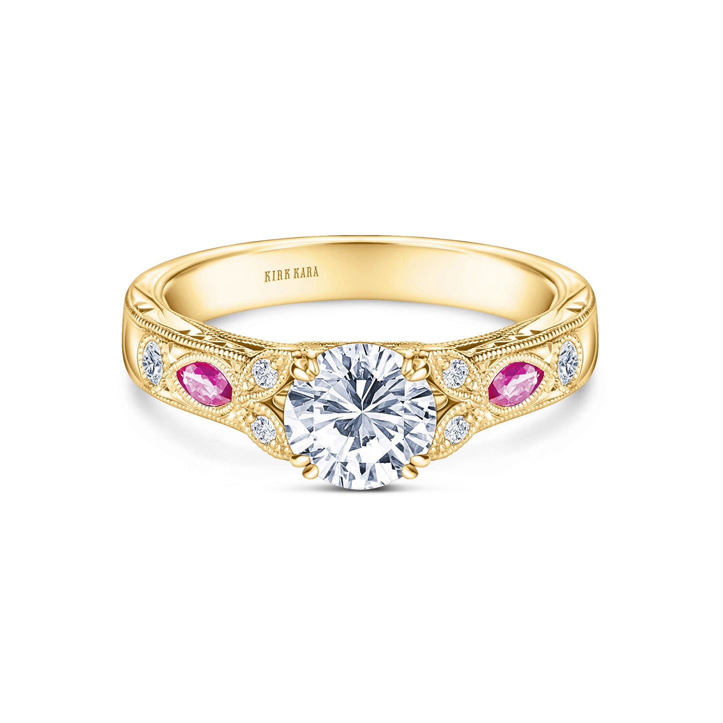 Pink Sapphire Diamond Engraved Engagement Ring