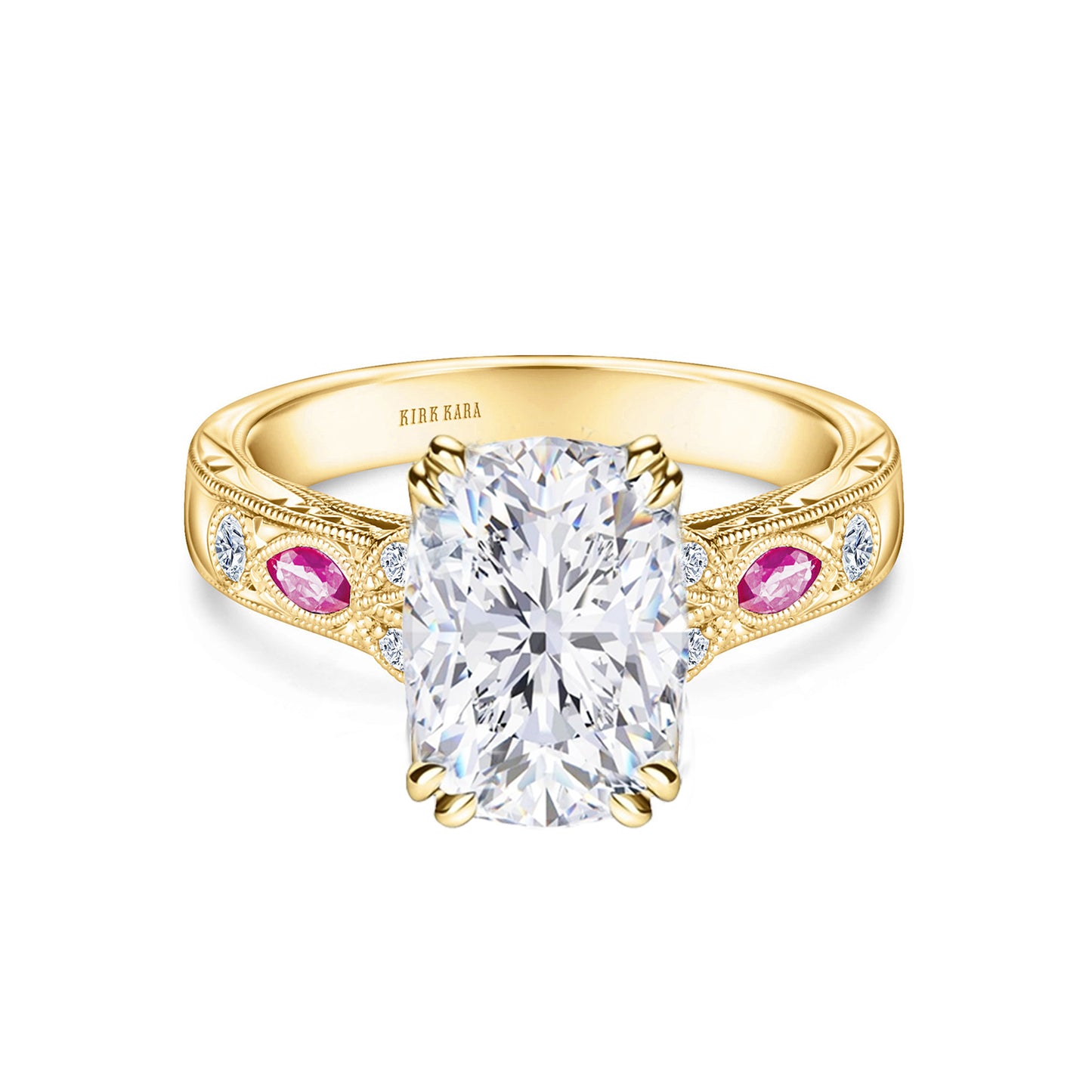 Pink Sapphire Diamond Engraved Engagement Ring