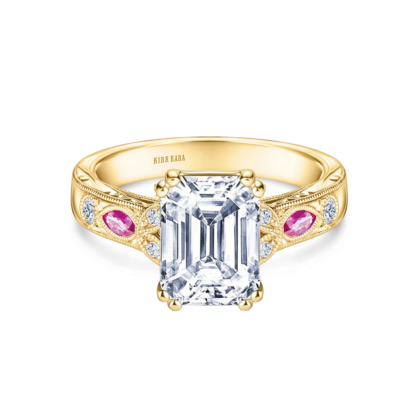 Pink Sapphire Diamond Engraved Engagement Ring