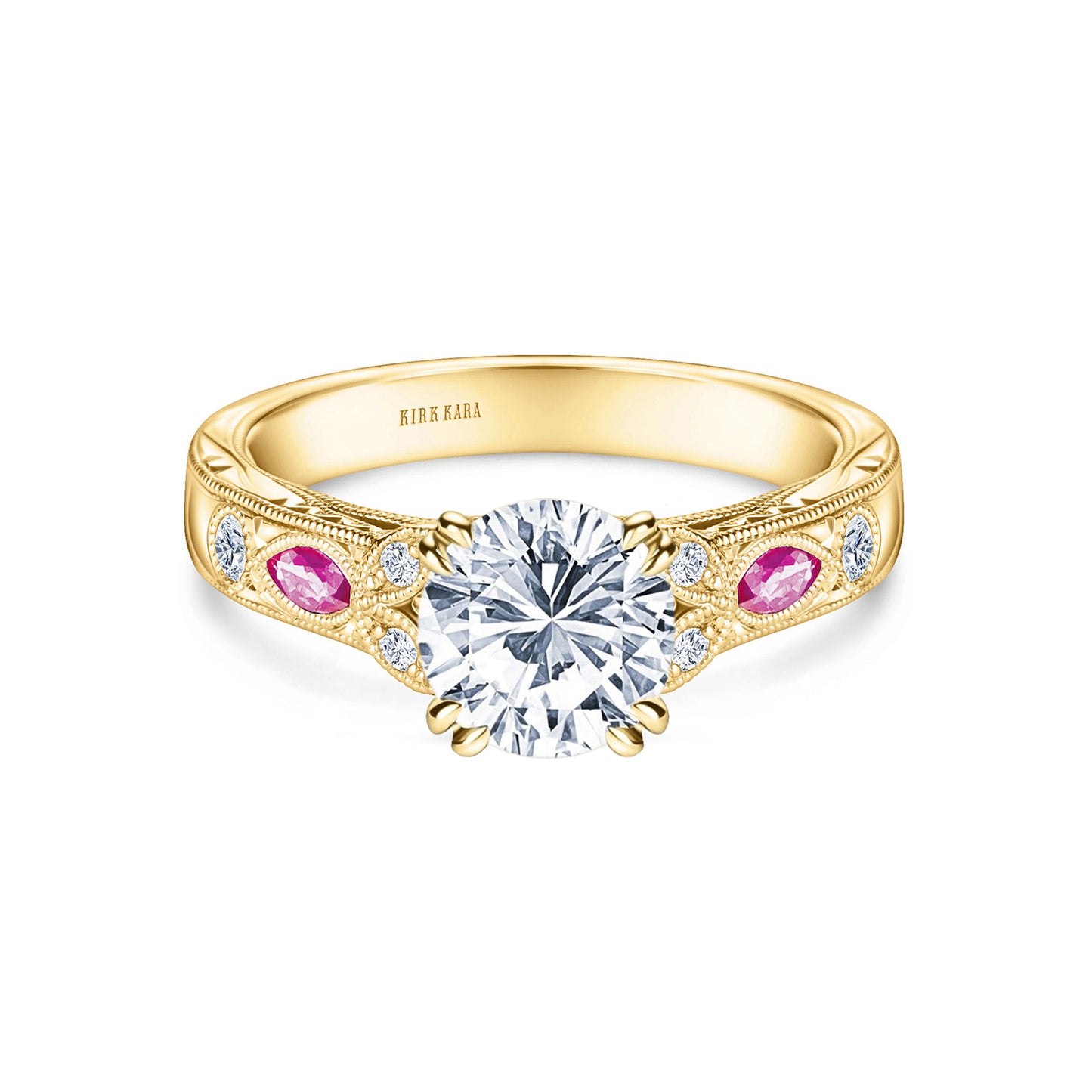 Pink Sapphire Diamond Engraved Engagement Ring