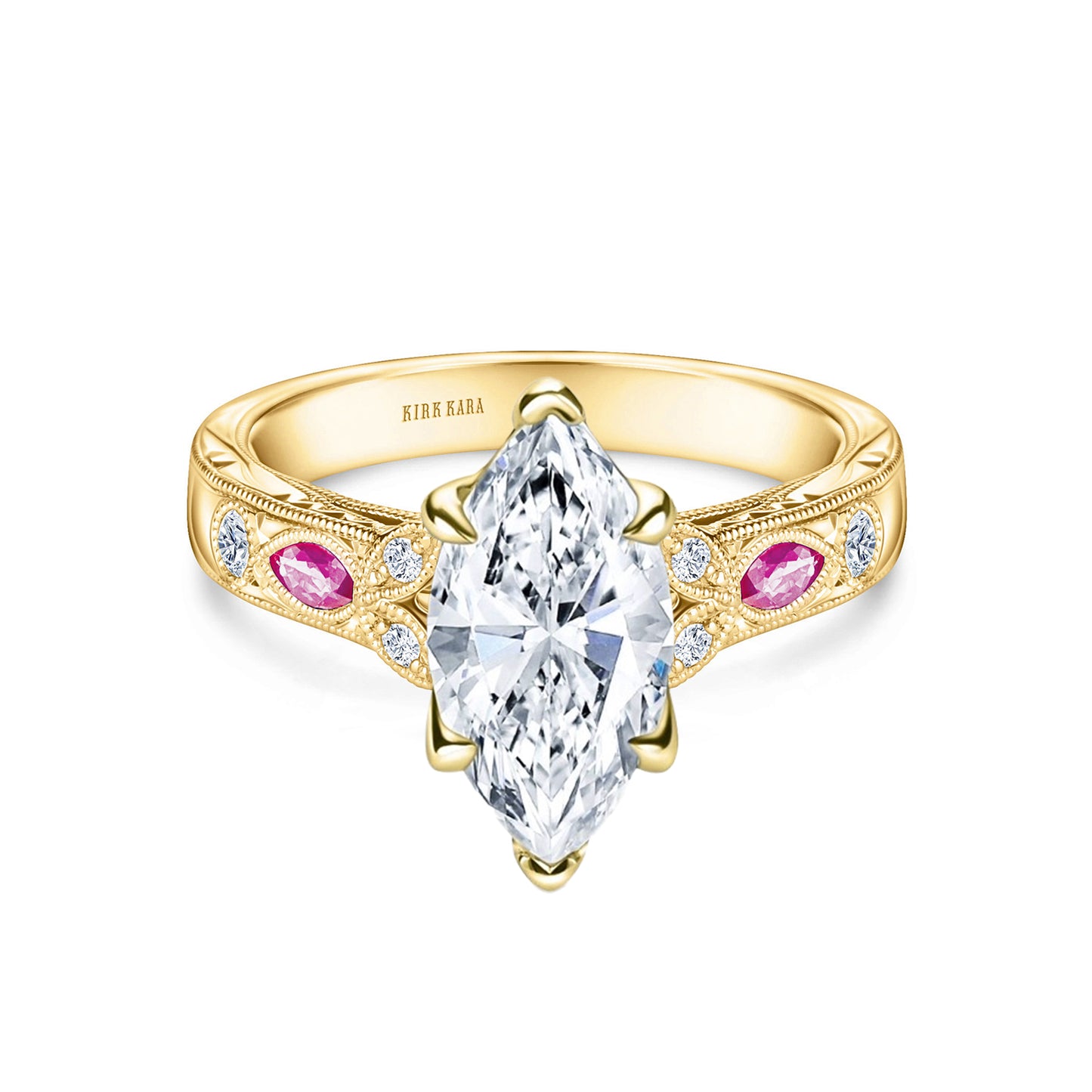 Pink Sapphire Diamond Engraved Engagement Ring