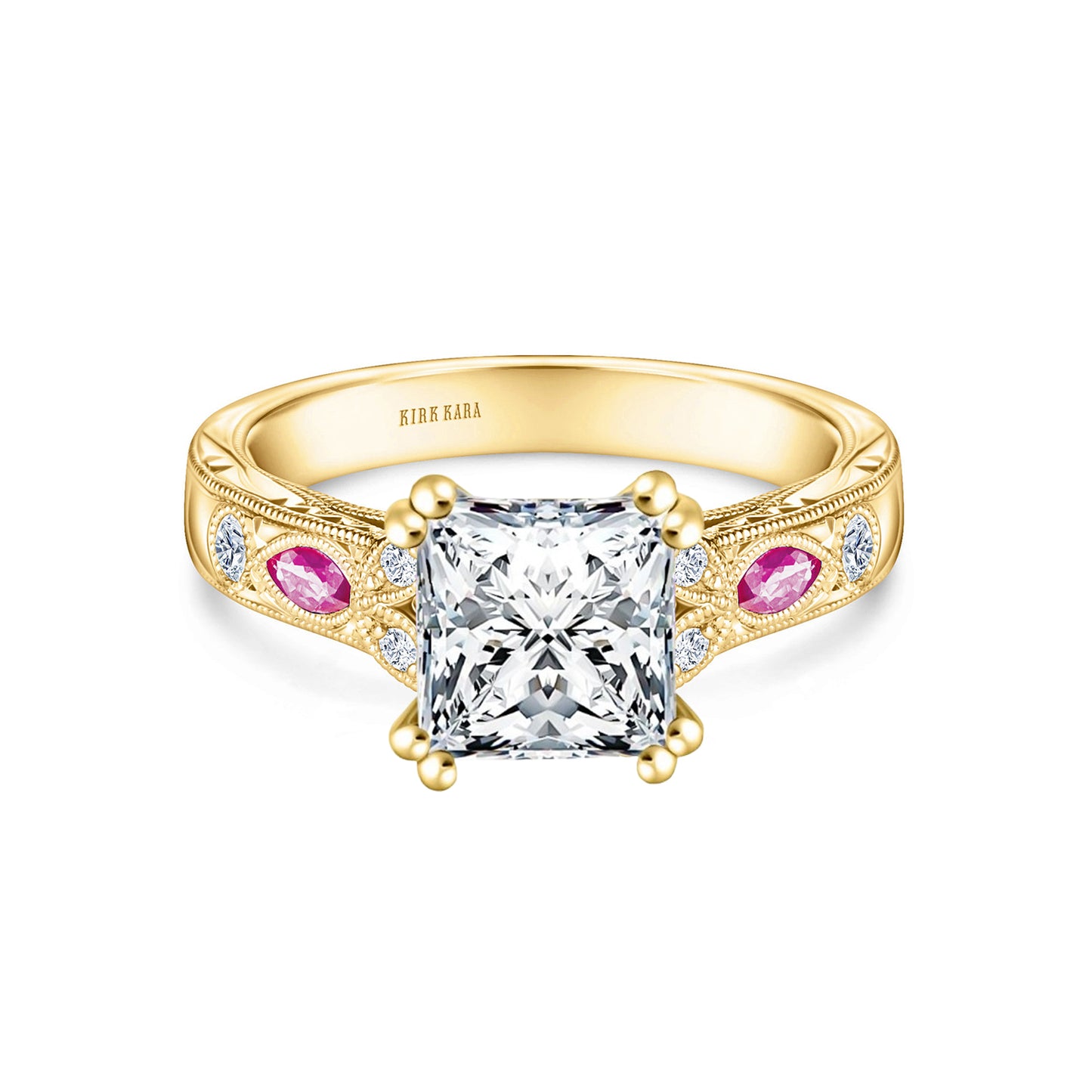 Pink Sapphire Diamond Engraved Engagement Ring