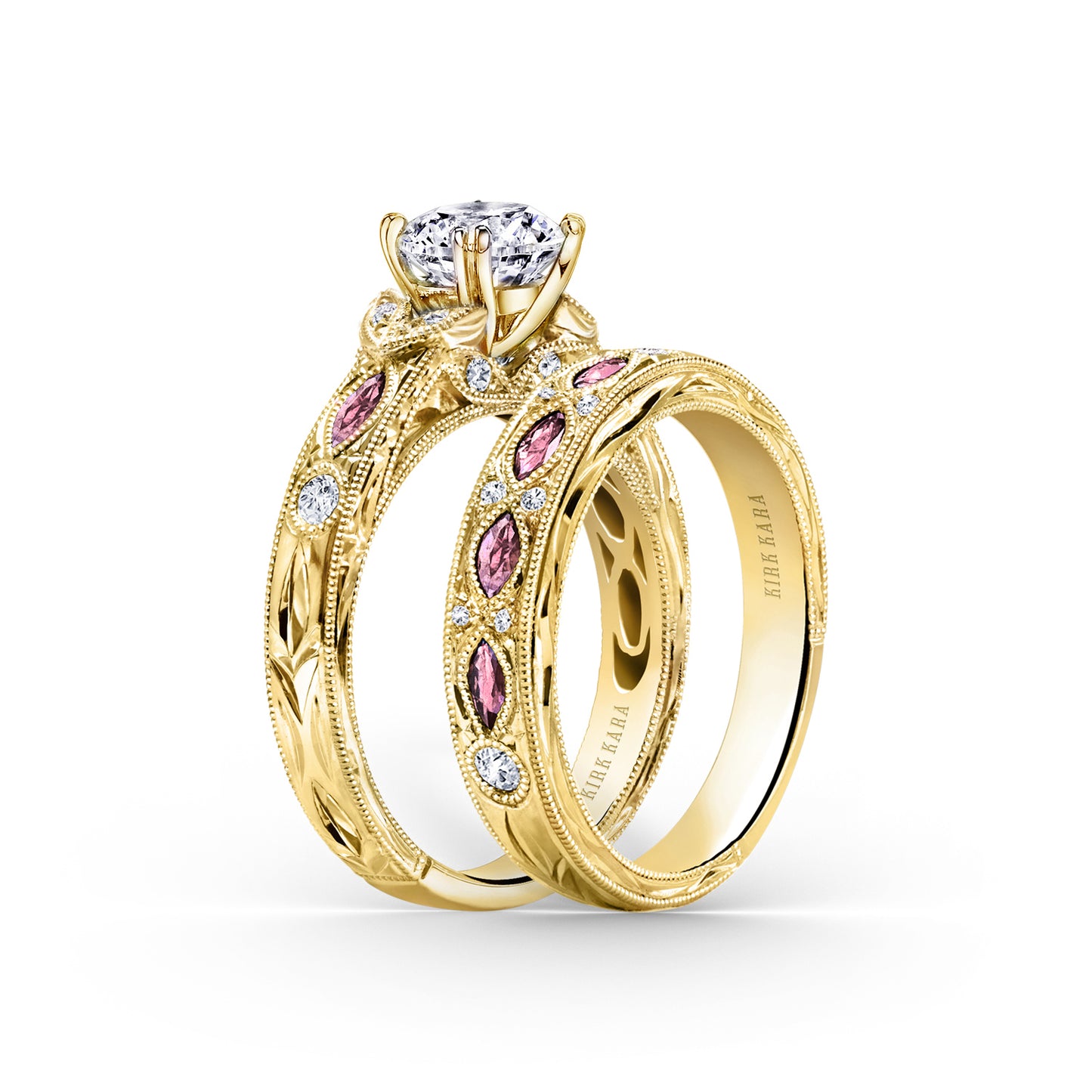 Pink Sapphire Diamond Engraved Engagement Ring