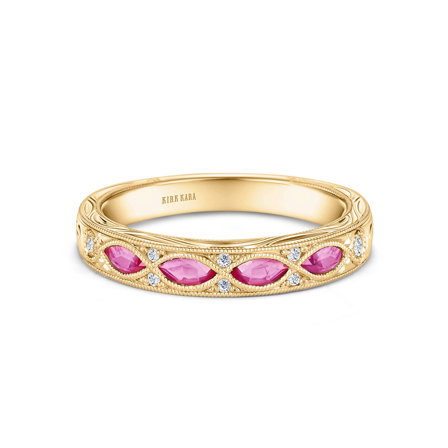 Pink Sapphire Diamond Engraved Wedding Band