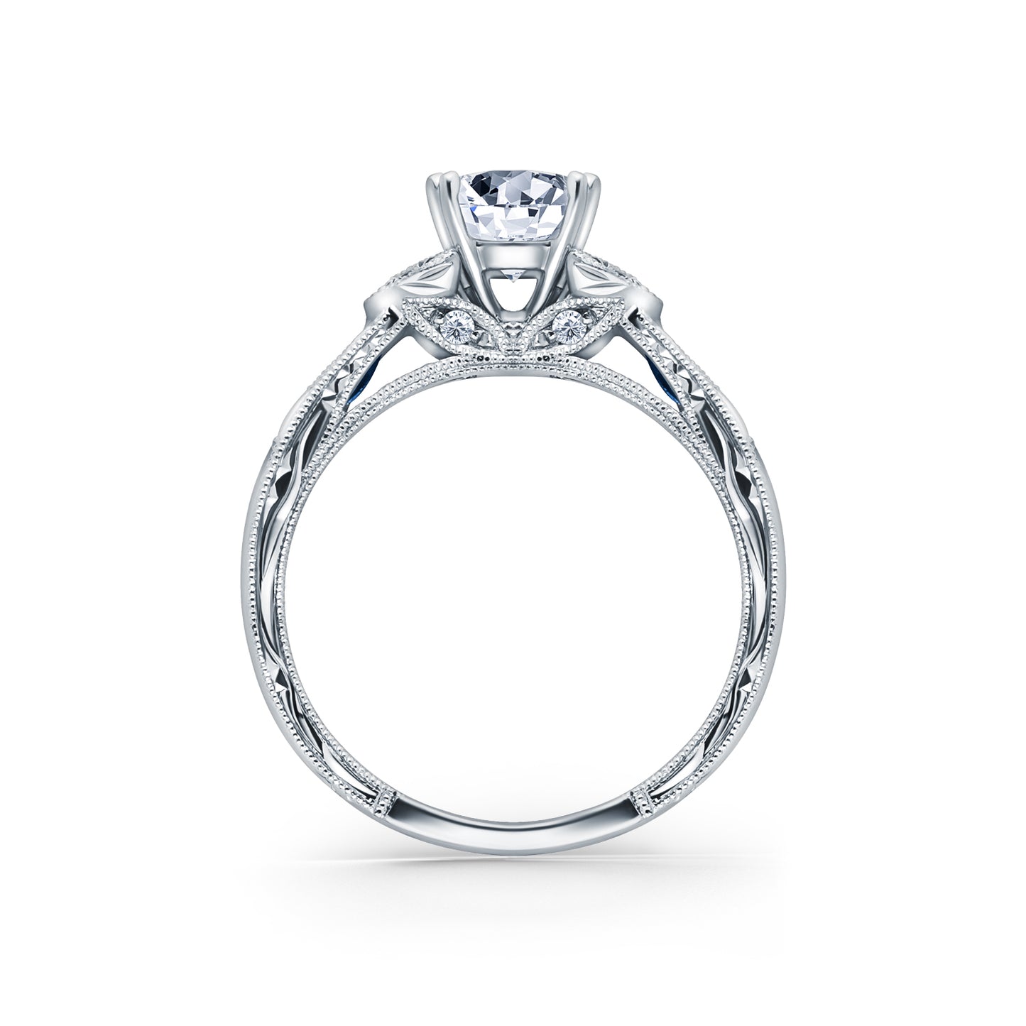 18K White Gold Sapphire Floral Diamond Engraved Engagement Ring