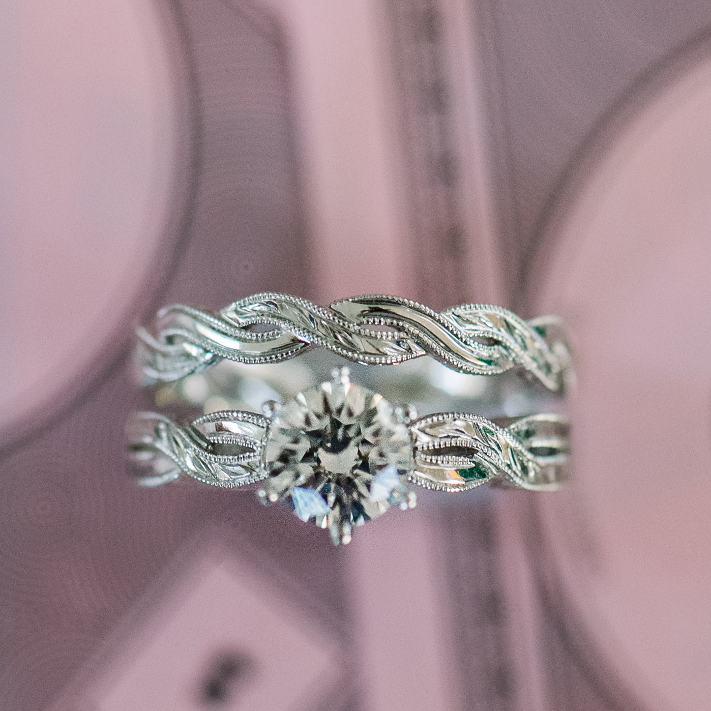 Engraved Twist Cathedral Engagement Ring
