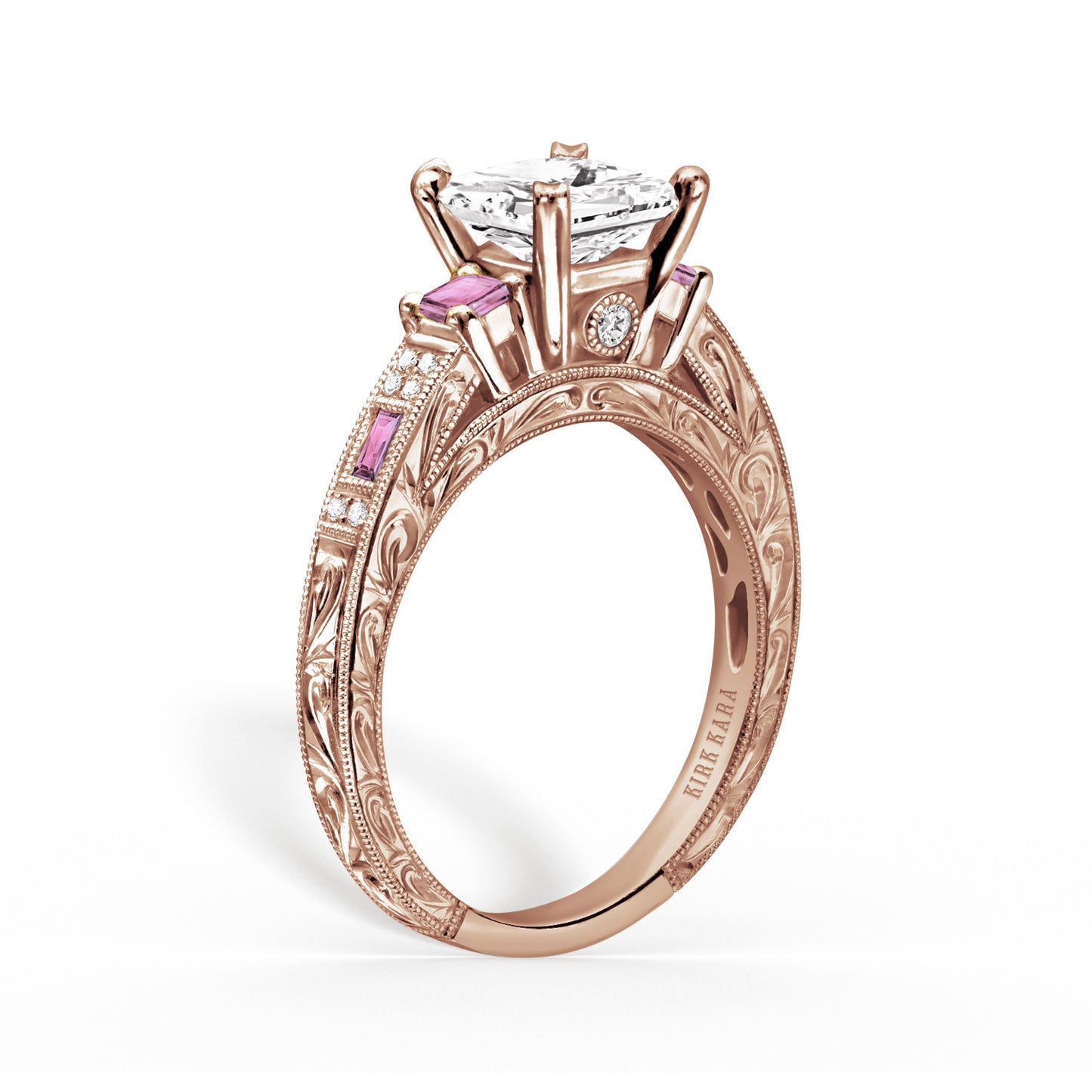 Deco Three Stone Pink Sapphire Diamond Engagement Ring