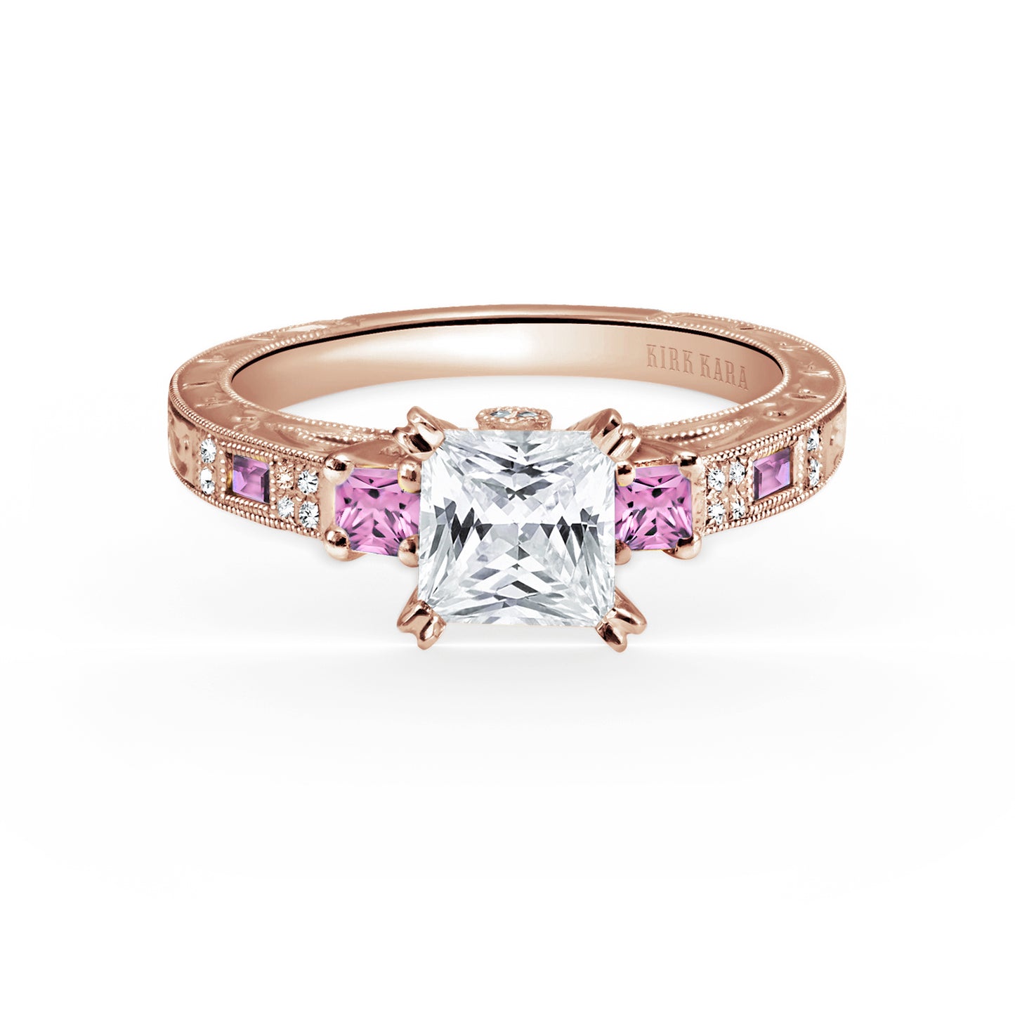 Deco Three Stone Pink Sapphire Diamond Engagement Ring