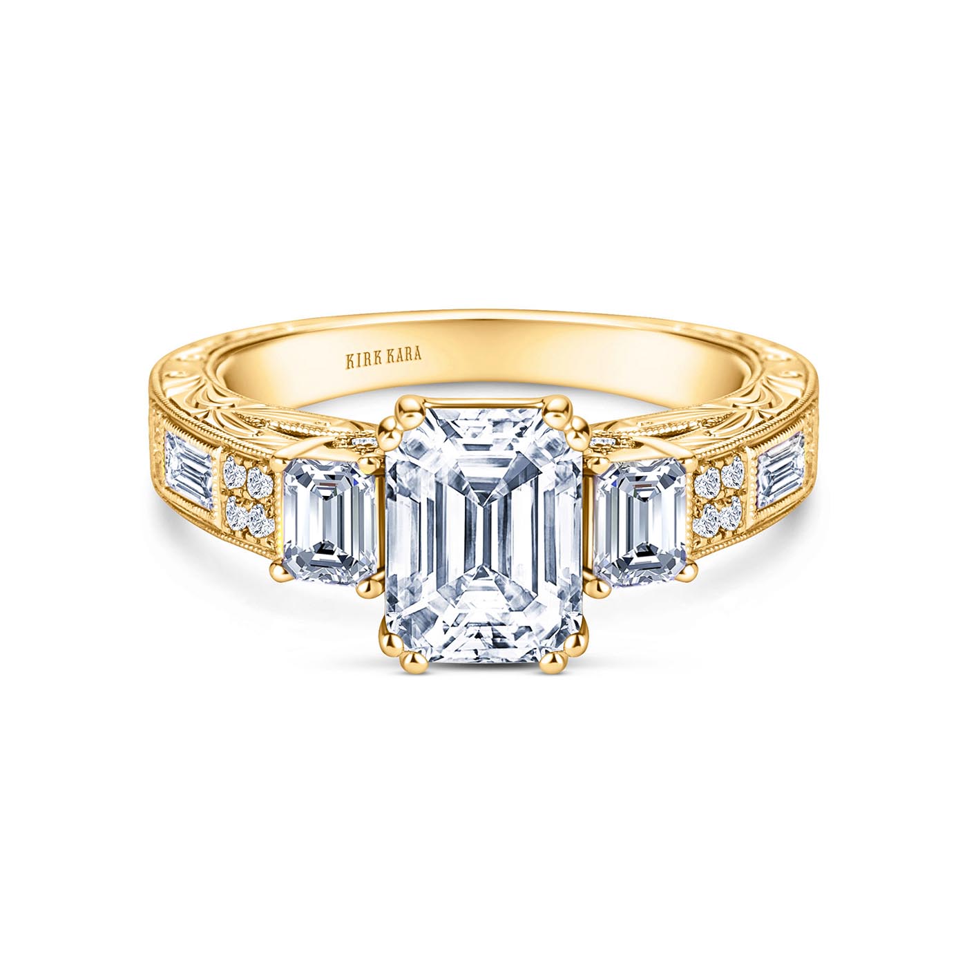 Deco Three Stone Engraved Baguette Diamond Engagement Ring