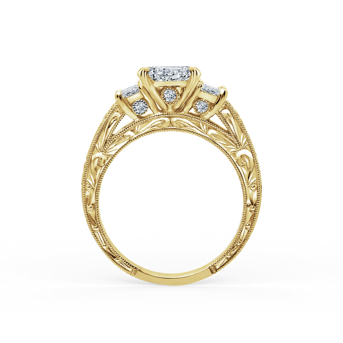 Side profile of deco three-stone engraved baguette diamond engagement ring.