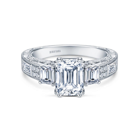 Deco Three Stone Engraved Baguette Diamond Engagement Ring