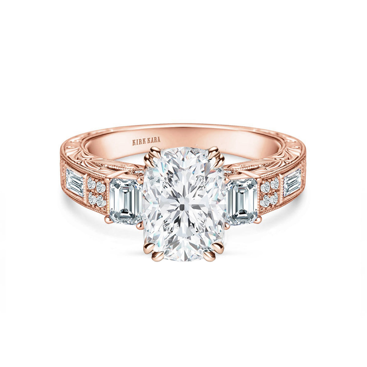 View of deco three-stone engraved baguette diamond engagement ring.