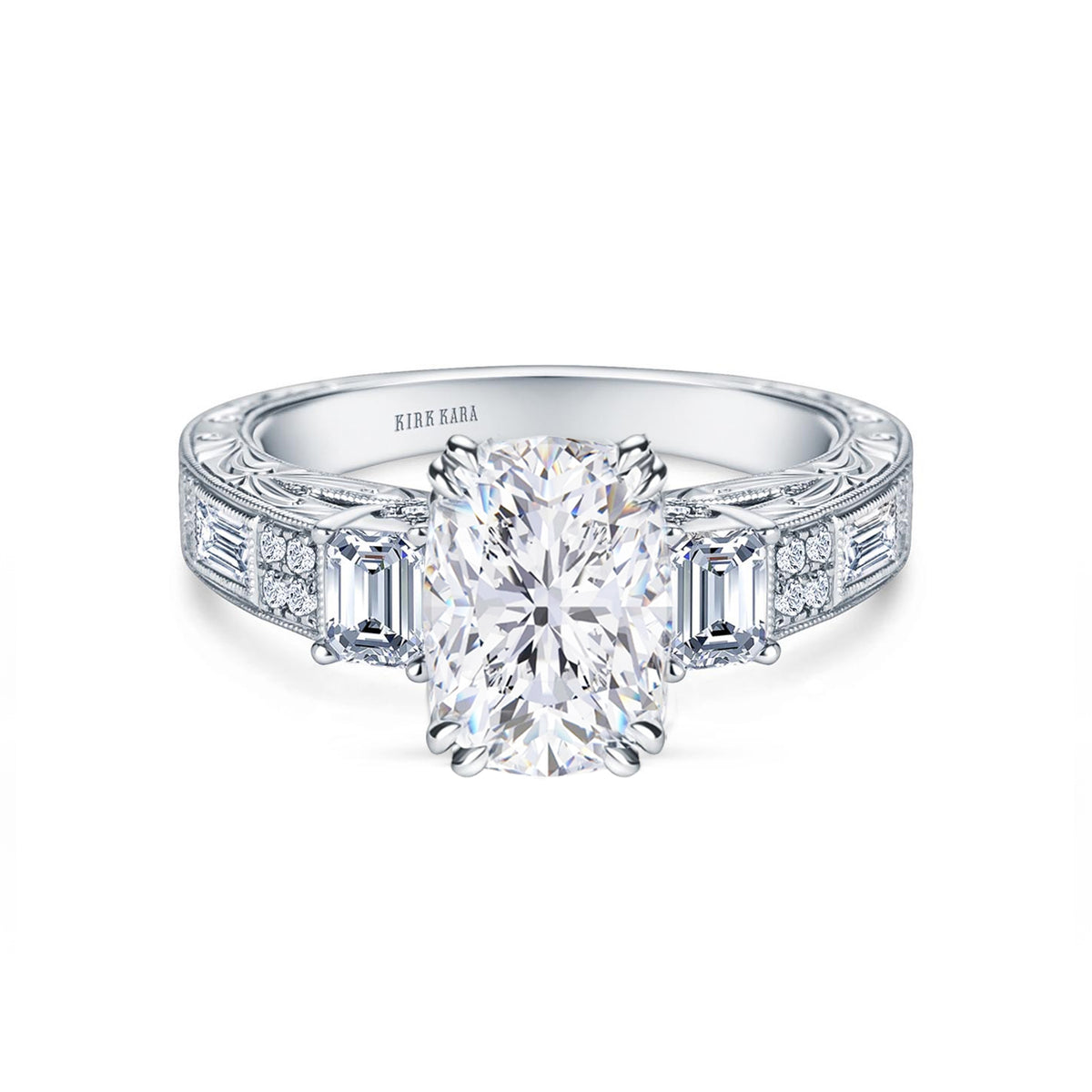 View of deco three-stone engraved baguette diamond engagement ring.