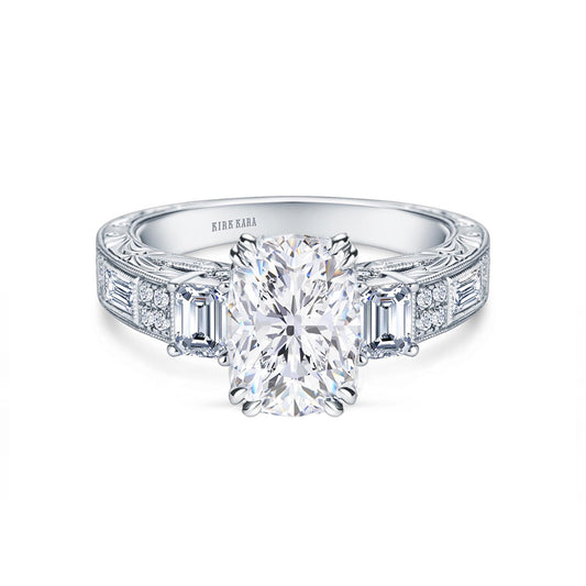 View of deco three-stone engraved baguette diamond engagement ring.