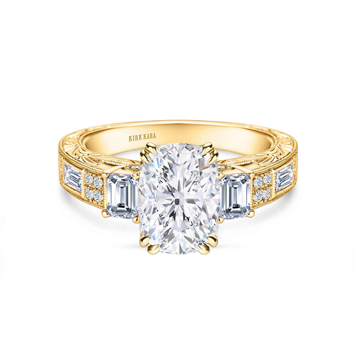 View of deco three-stone engraved baguette diamond engagement ring.