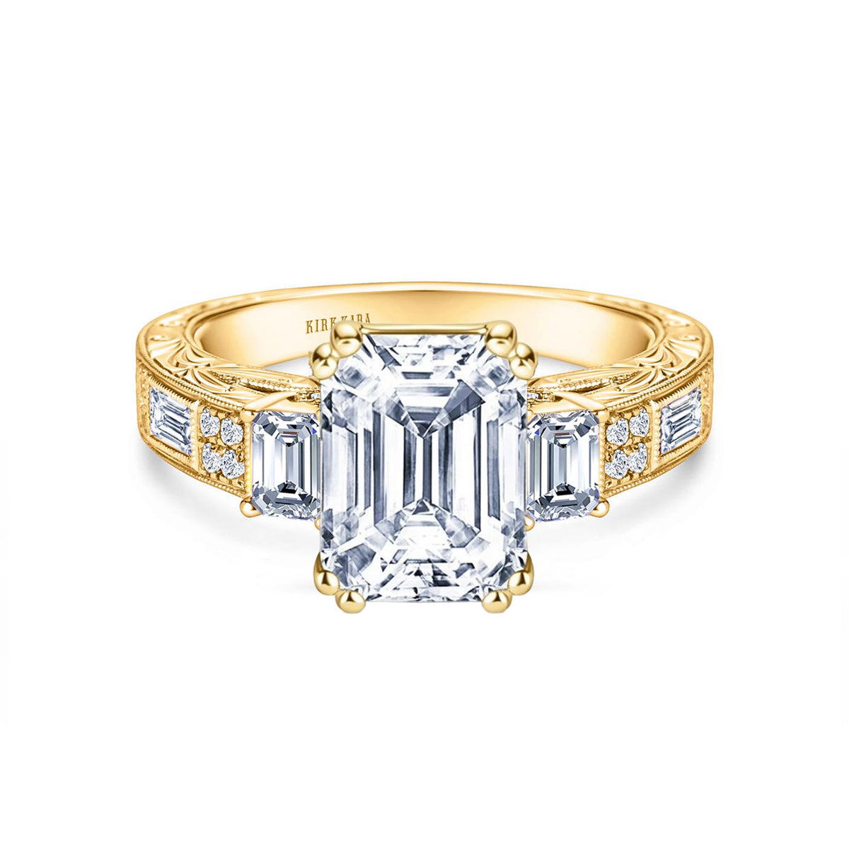 View of deco three-stone engraved baguette diamond engagement ring.