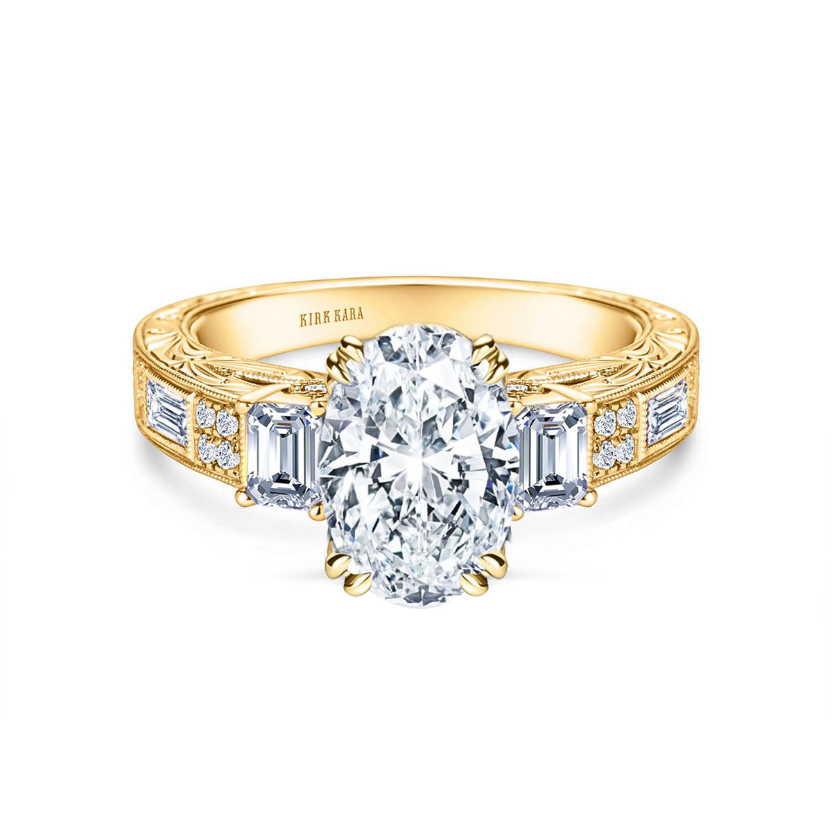 View of deco three-stone engraved baguette diamond engagement ring.