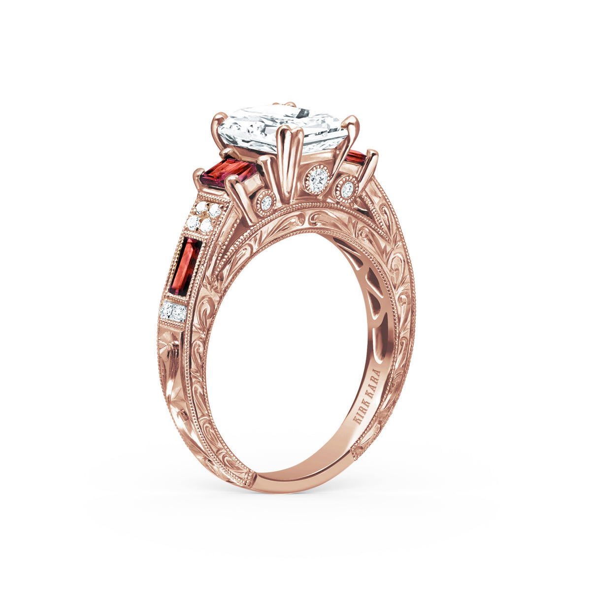 Deco Three Stone Engraved Ruby Baguette Diamond Engagement Ring