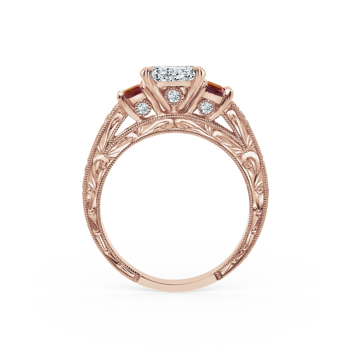 Deco Three Stone Engraved Ruby Baguette Diamond Engagement Ring