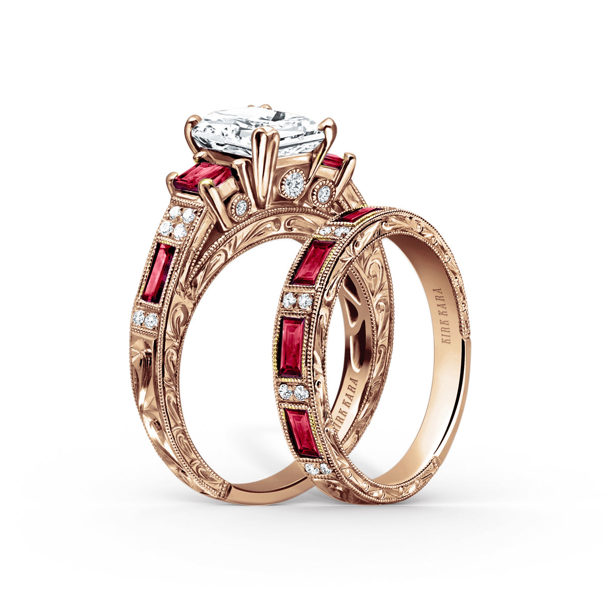 Deco Three Stone Engraved Ruby Baguette Diamond Engagement Ring