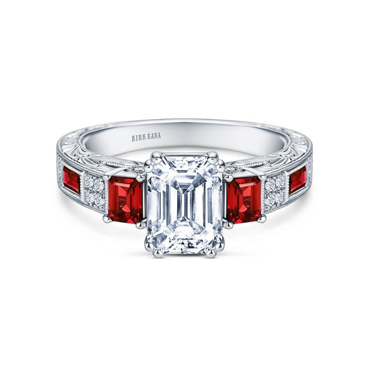 Deco Three Stone Engraved Ruby Baguette Diamond Engagement Ring