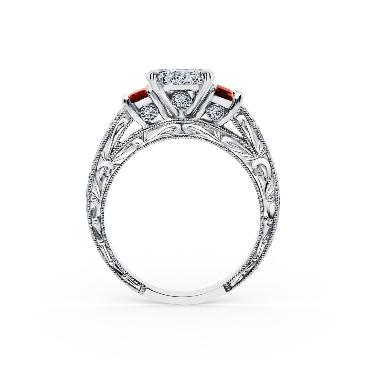 Deco Three Stone Engraved Ruby Baguette Diamond Engagement Ring