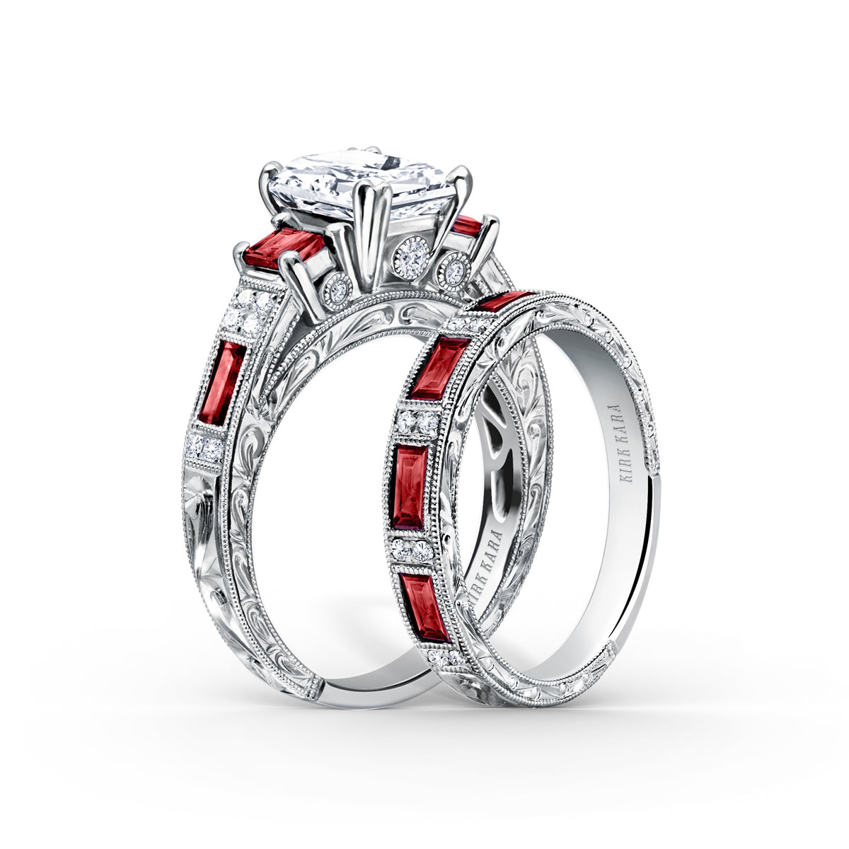 Deco Three Stone Engraved Ruby Baguette Diamond Engagement Ring