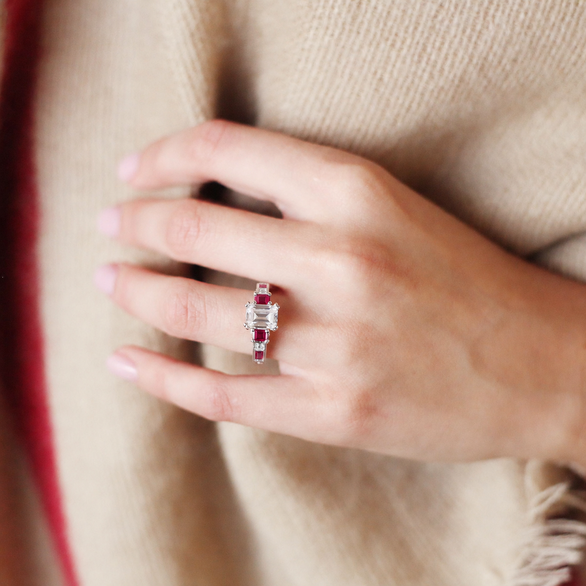 Deco Three Stone Engraved Ruby Baguette Diamond Engagement Ring