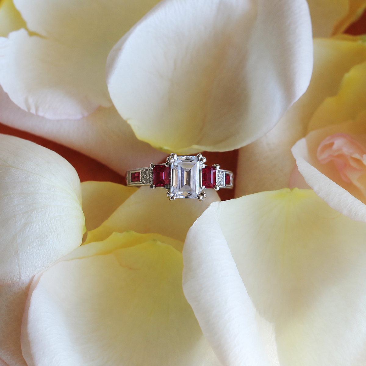 Deco Three Stone Engraved Ruby Baguette Diamond Engagement Ring